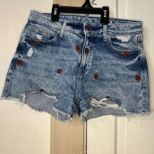 Arizona Jean Company Women's Blue Distressed Shorts with Strawberry Embroidery